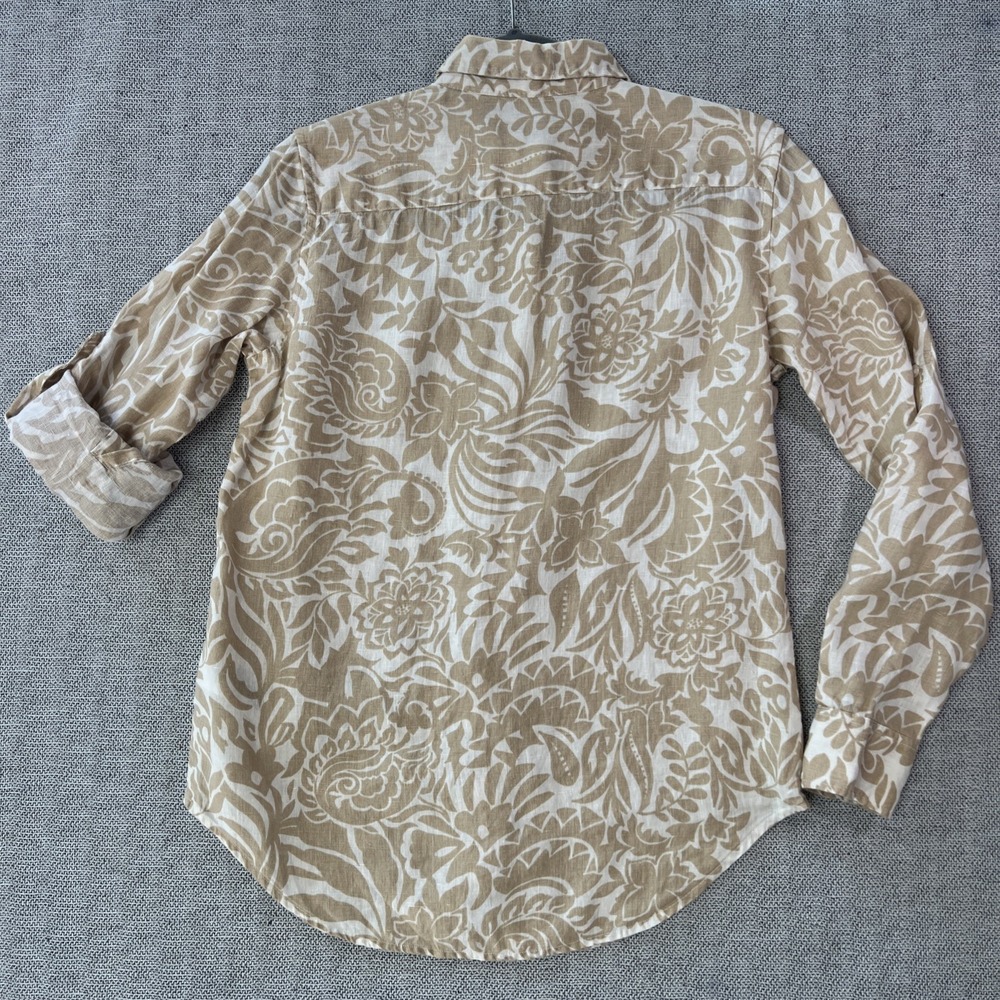 Ralph Lauren Khaki Floral Linen Shirt Button Women XS Rolled Up Long Sleeves - Picture 12 of 12